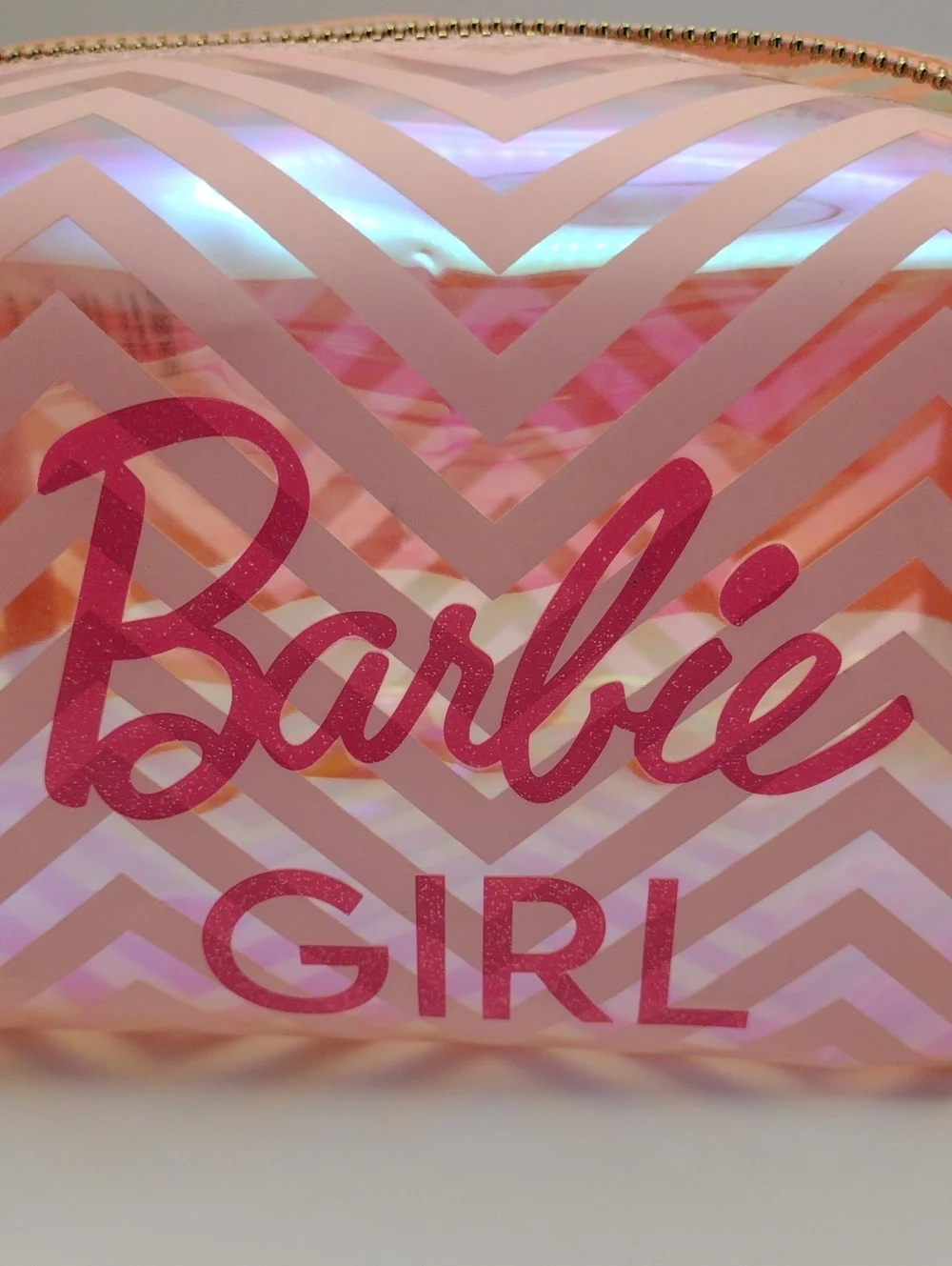 Skinnydip x Barbie Iridescent Pink Chevron Cosmetic Bag